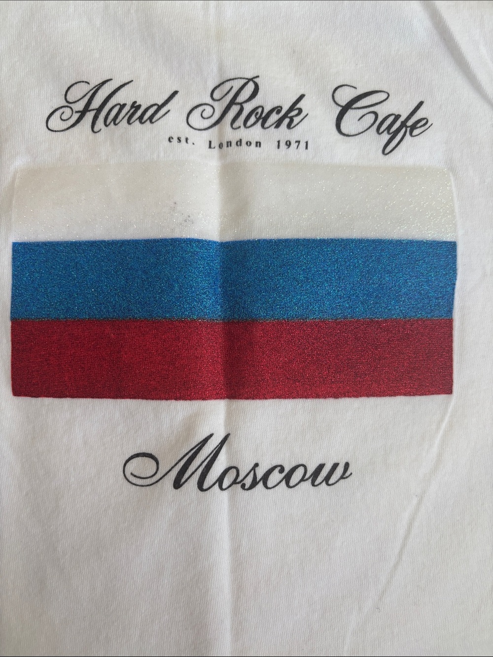 NEW - Hard Rock Cafe White Tee with Red, White & Blue Glitter Flag - Moscow